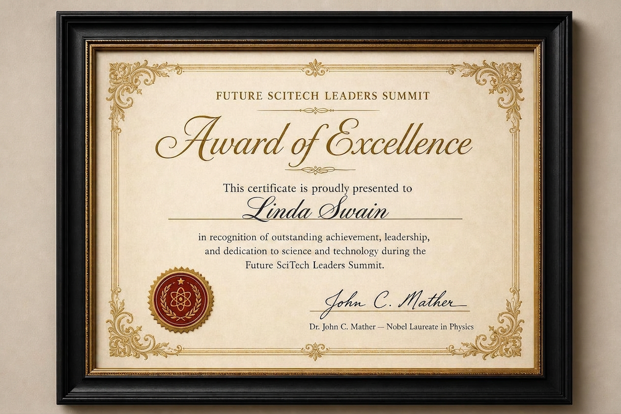 Future SciTech Leaders Summit Award of Excellence certificate in a black frame