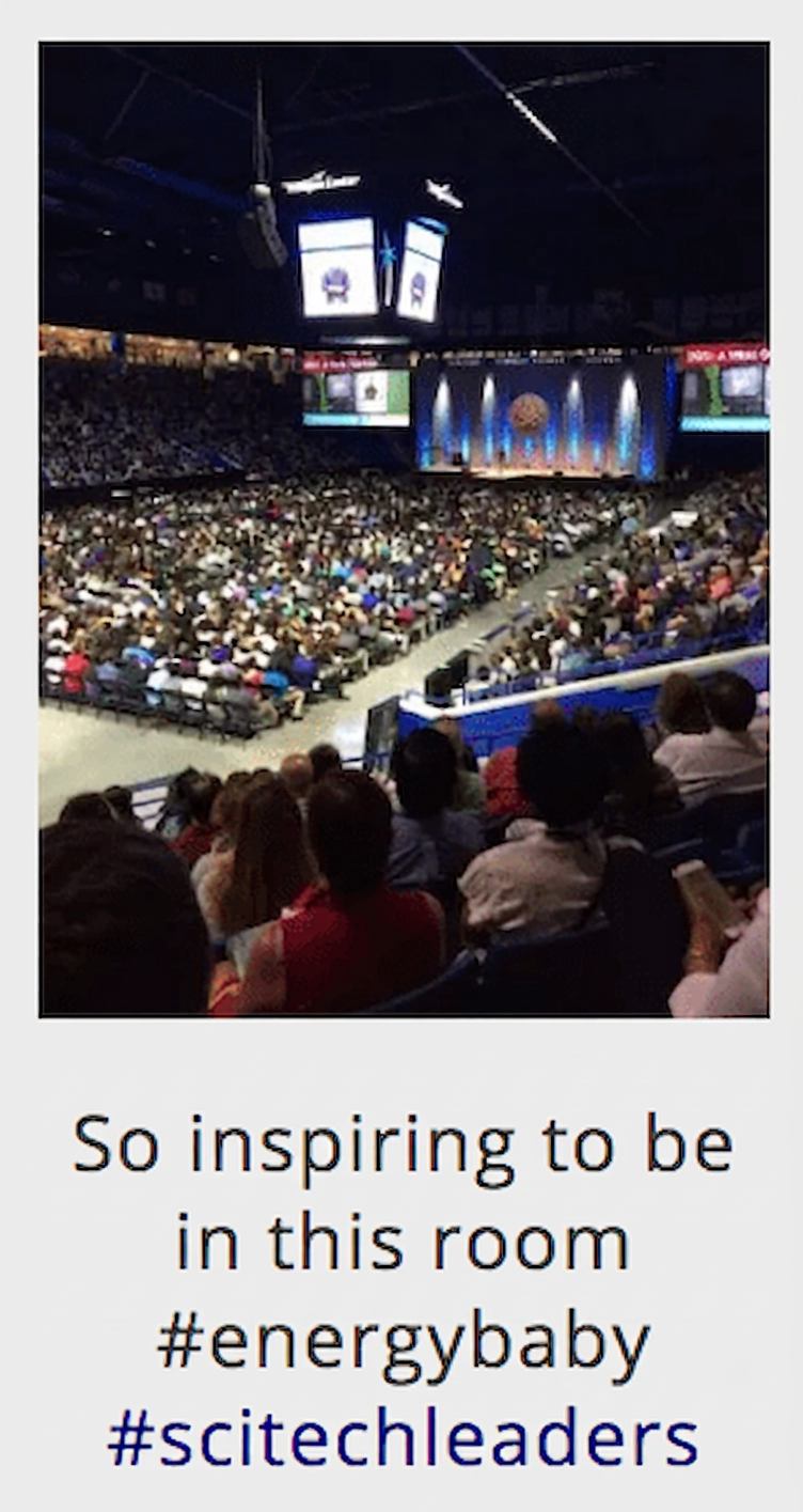 Tweet showing a packed Summit arena: So inspiring to be in this room #energybaby #scitechleaders