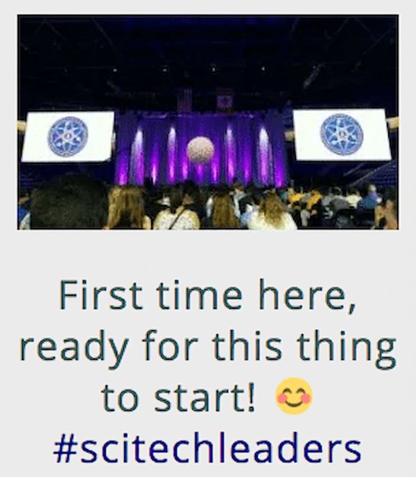Tweet showing the Summit stage before opening: First time here, ready for this thing to start! #scitechleaders