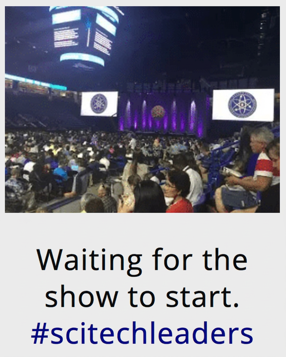 Tweet showing the Summit auditorium before showtime: Waiting for the show to start. #scitechleaders